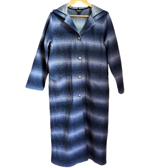 WOOLRICH VINTAGE Blue White Plaid Oversized Wool Long Lined Shaket Blanket Coat - Picture 1 of 12